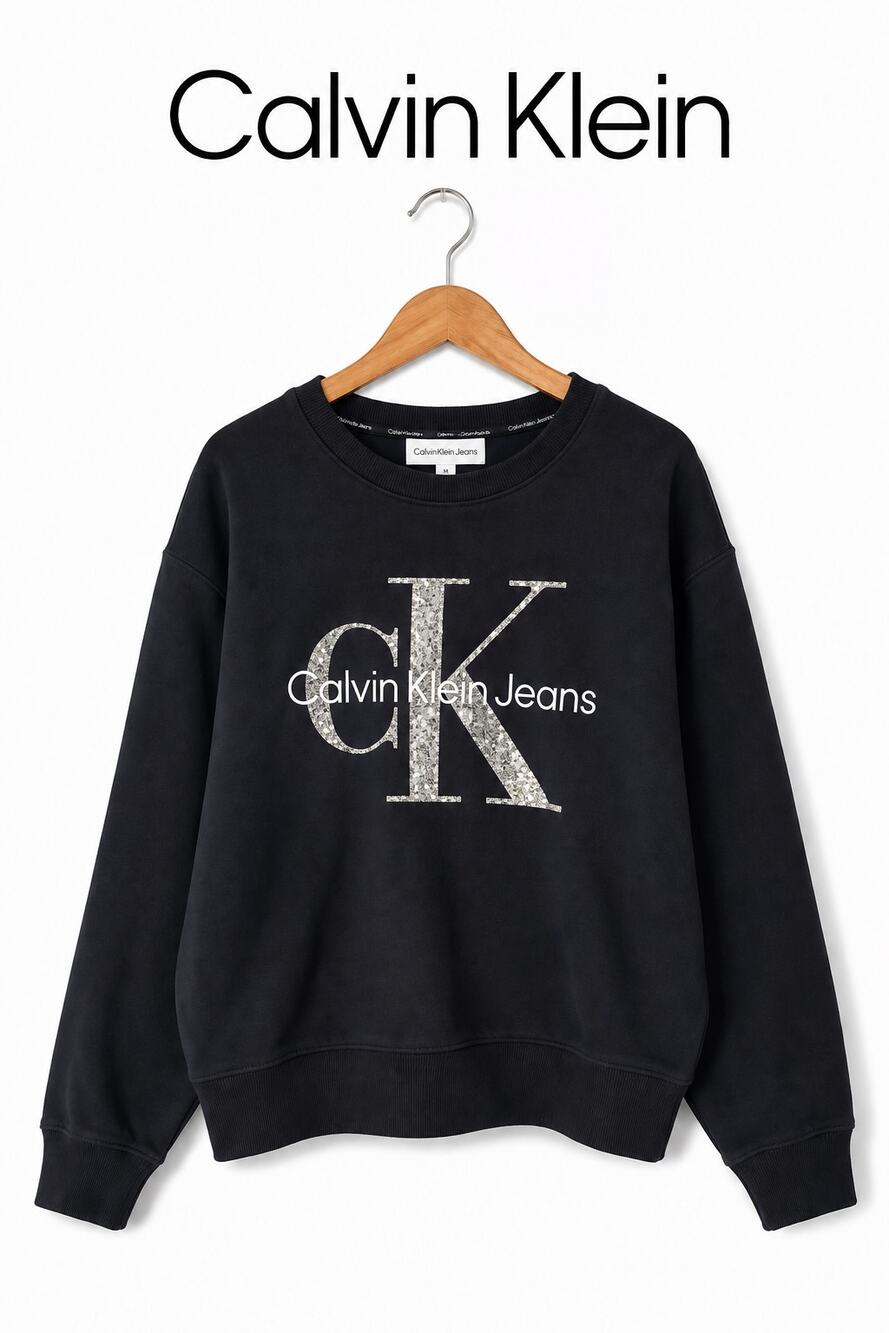 Calvin Klein Jeans M Navy Sequin CK Logo Sweatshirt Pullover Crewneck Top
